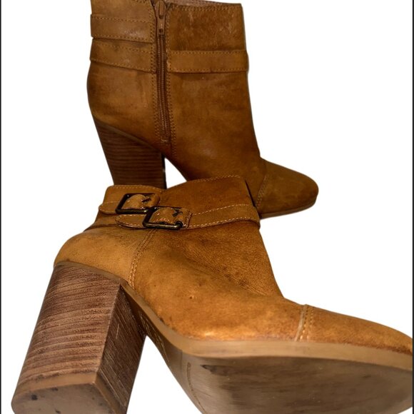 Lucky Brand Booties size 8.5 Brown Suede Laureen Ankle Boots Leather Block Heel - Picture 2 of 4